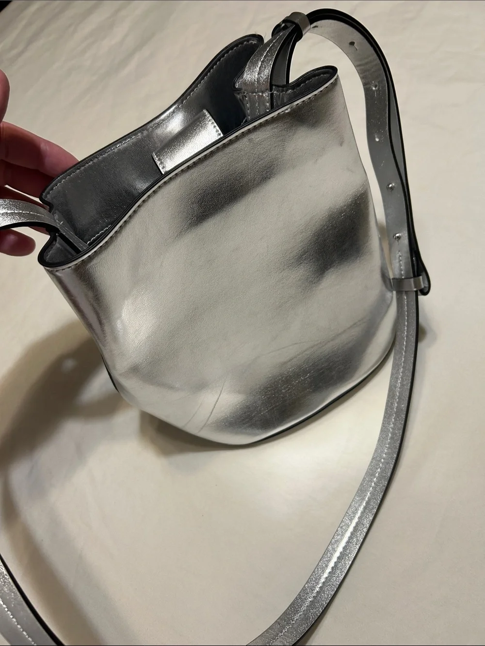 French Connection Silver Metallic Leather Crossbody Bucket Bag